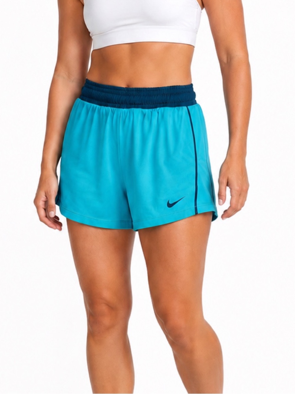 Nike athletic shorts feature a bright turquoise/aqua color, navy elastic waist